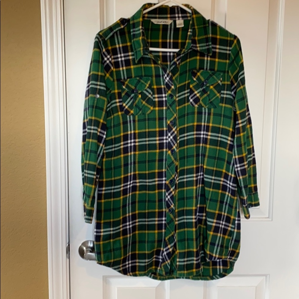 Green and navy plaid flannel tunic